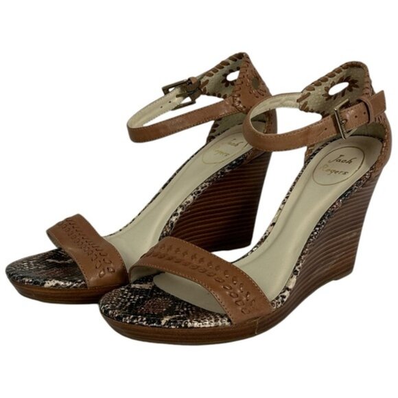 Jack Rogers Brown Wedge Sandals Womens Size 8.5 M Leather Bohemian Brazil Snake - Picture 3 of 16